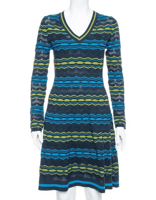 M Missoni Multicolor Perforated Knit Fit & Flare Midi Dress