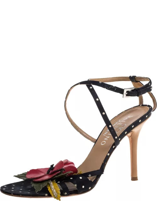 Valentino Black Satin Polka Dot Floral Embellished Ankle Strap Sandal