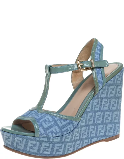 Fendi Blue/Green Canvas And Patent Leather Wedge Sandal