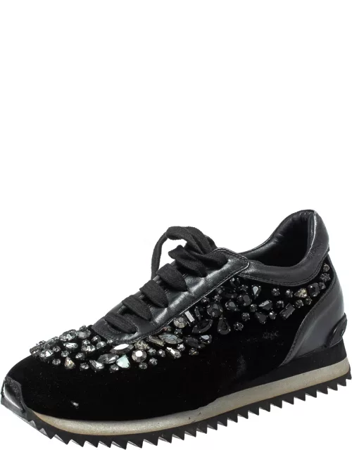 Le Silla Black Velvet and Leather Crystal Embellished Low Top Sneaker