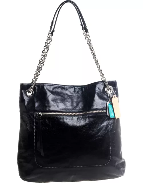 Coach Black Crackled Leather Chain Tote