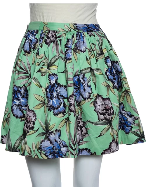 Alice +Olivia Green Floral Printed Cotton Pleated Tania Skirt