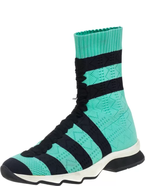 Fendi Green/Black Knit Fabric Striped Sock Sneaker
