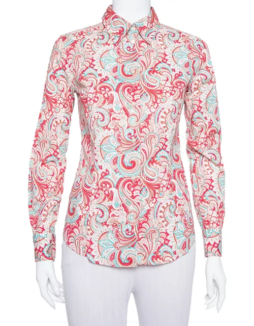 Etro Red Paisley Printed Stretch Cotton Button Front Shirt