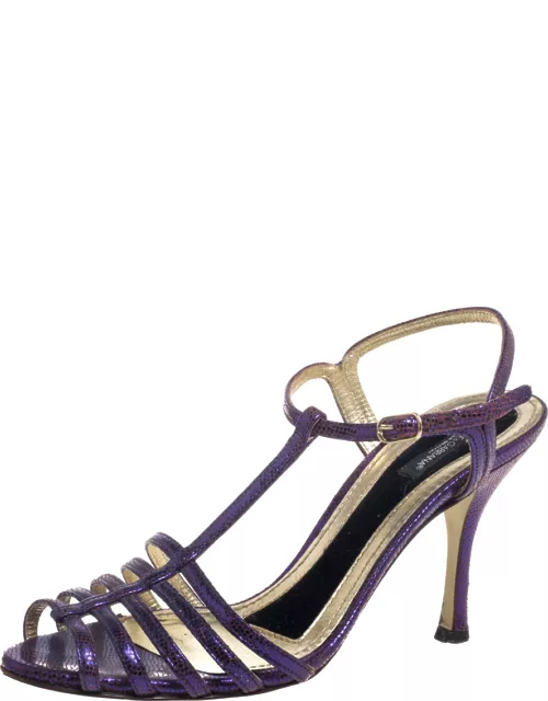 Dolce & Gabbana Purple Lizard Embossed Leather T Strap Sandal