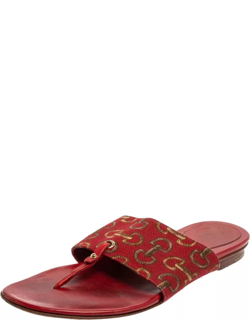 Gucci Red Canvas And Leather Thong Flats Sandal