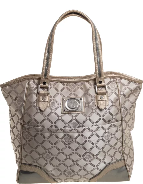 Versace Beige Monogram Fabric and Croc Embossed Leather Tote