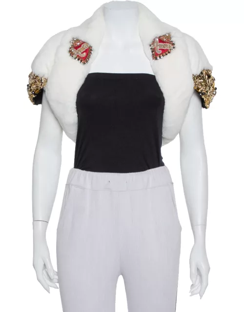 Dolce & Gabbana White Fur Stone & Sequin Embellished Open Front Crop Jacket