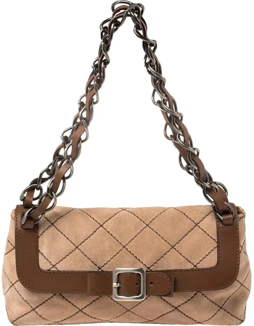 Moschino Beige/Brown Suede And Leather Buckle Flap Shoulder Bag