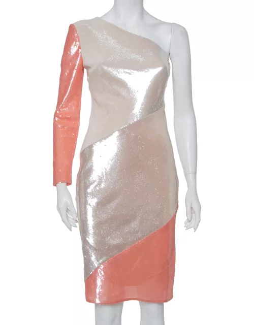 Diane Von Furstenberg Color Block Sequin Embellished Silk One Shoulder Midi Dress