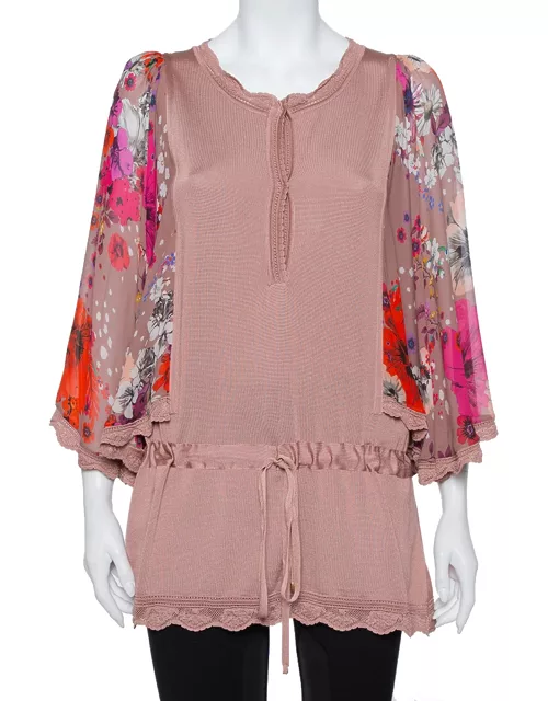 Roberto Cavalli Blush Pink Wool Floral Print Sleeve Detail Drop Waist Tunic