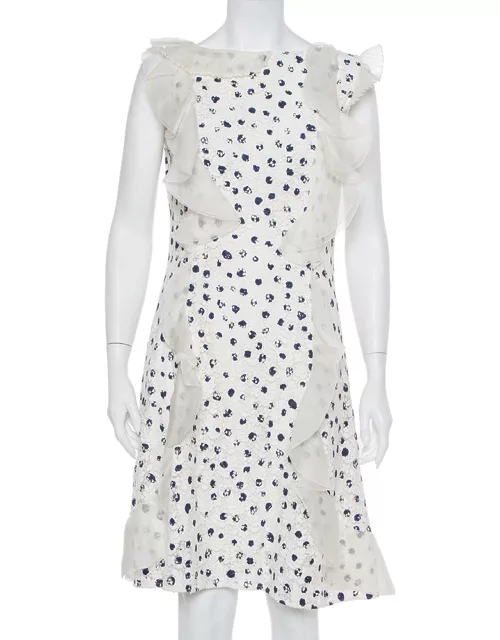 Oscar de la Renta White Painted Effect Lace Ruffle Detail Short Dress