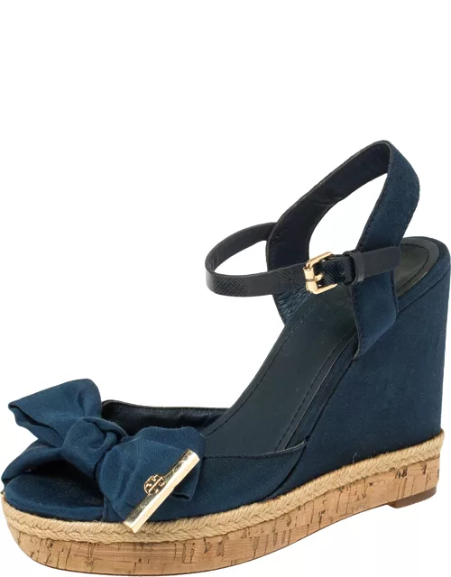 Tory Burch Blue Fabric And Leather Espadrille Wedge Ankle Strap Sandal