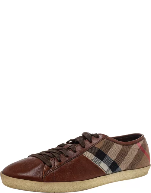 Burberry Brown Leather And Nova Check Canvas Low Top Sneaker
