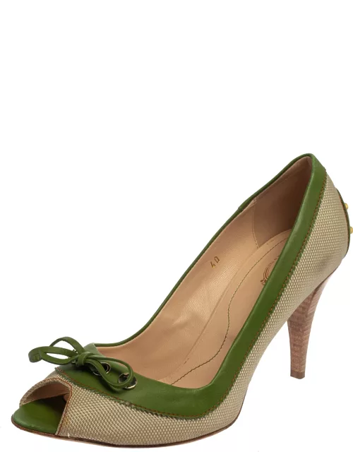 Tod's Beige/Green Canvas And Leather Peep Toe Slip On Pump