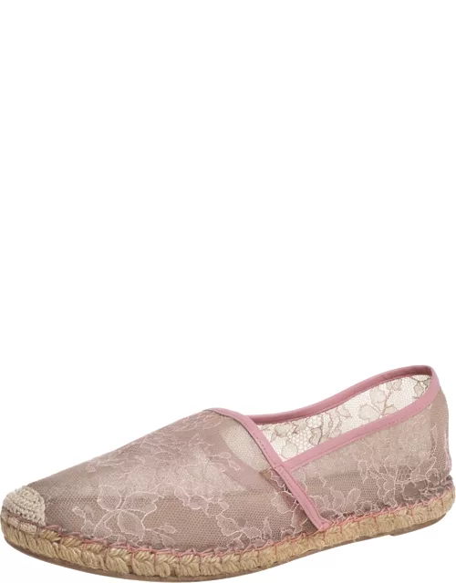 Valentino Beige/Pink Leather And Lace Espadrilles Flat