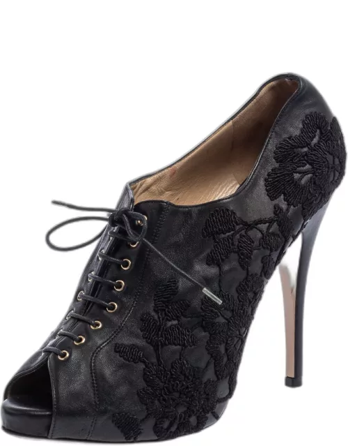 Valentino Black Leather Floral Embroidered Peep Toe Ankle Bootie