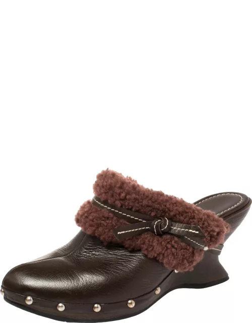 Salvatore Ferragamo Brown Leather And Faux Fur Studded Clog Mule