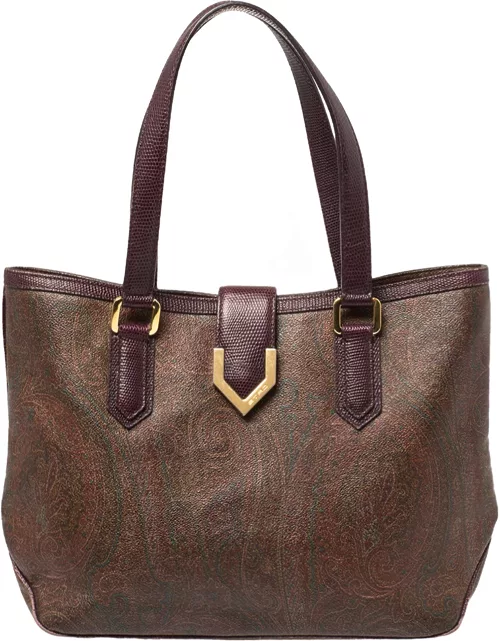 Etro Brown Paisley Coated Canvas and Lizard Embossed Tote