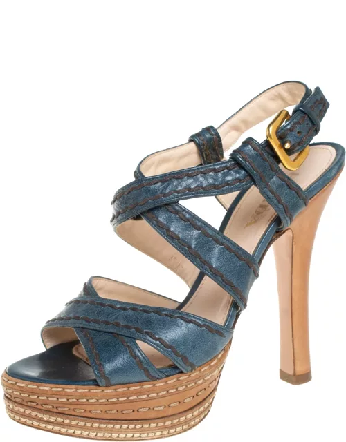 Prada Blue And Tan Leather Stitch Detail Cross Strap Platform Sandal