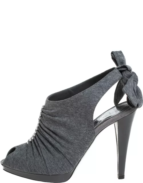 René Caovilla Grey Fabric Crystal Embellished Ankle Tie Slingback Sandal