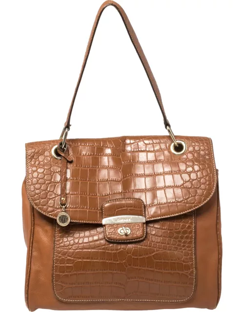 DKNY Brown Croc Embossed and Leather Turnlock Flap Top Handle Bag