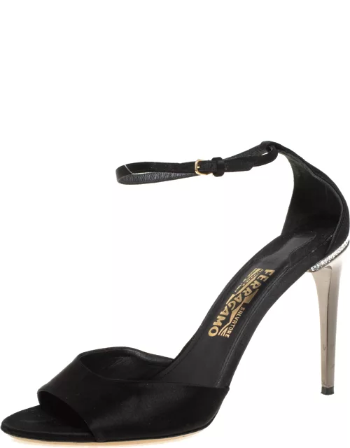 Salvatore Ferragamo Black Satin Embellished Heel Ankle Strap Sandal