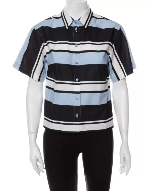 Dolce & Gabbana Blue Striped Cotton Cropped Button Front Shirt