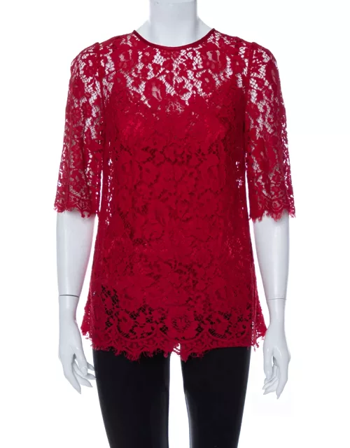 Dolce & Gabbana Red Lace Quarter Sleeve Top