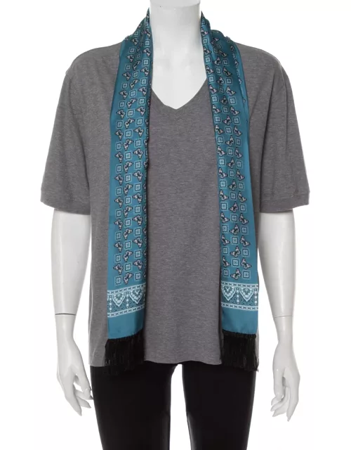 Dolce & Gabbana Grey Cotton V-Neck T-Shirt with Butterfly Printed Tasseled Silk Scarf