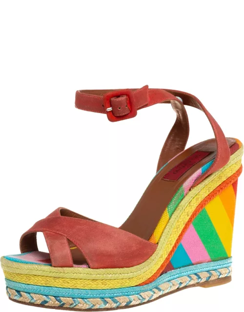 Valentino Red Suede Criss Cross Wedge Espadrille Sandal