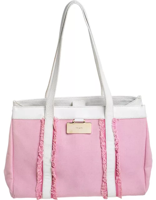 Kate Spade Pink/White Canvas and Leather Metal Plate Tote
