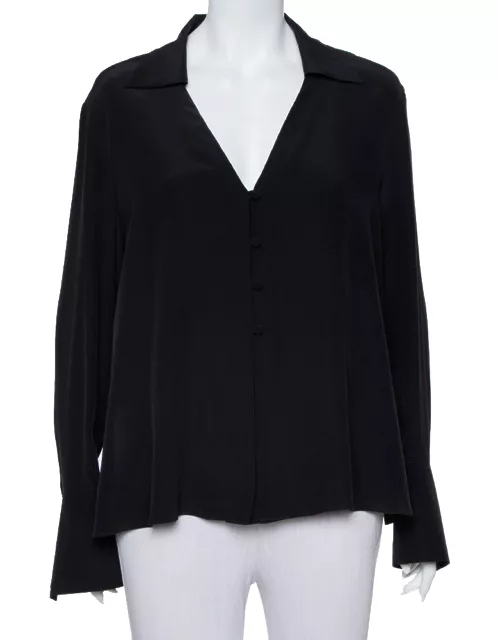 Fendi Black Silk V Neck Collared Button Front Shirt