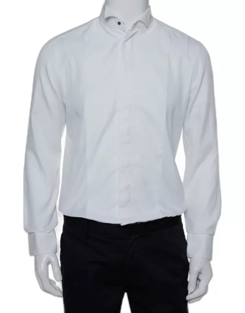 Armani Collezioni White Cotton & Silk Stand Collar Tuxedo Shirt