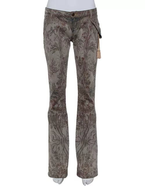 Just Cavalli Grey Floral Printed Denim Glitter Detail Bootcut Jeans