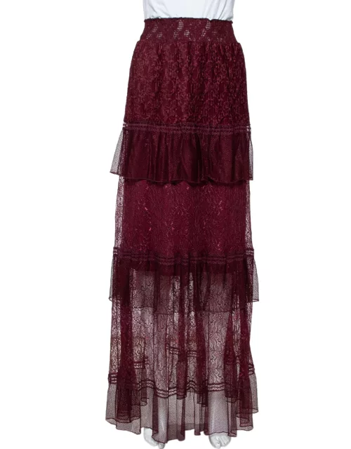 Just Cavalli Burgundy Lace Tiered Paneled Maxi Skirt
