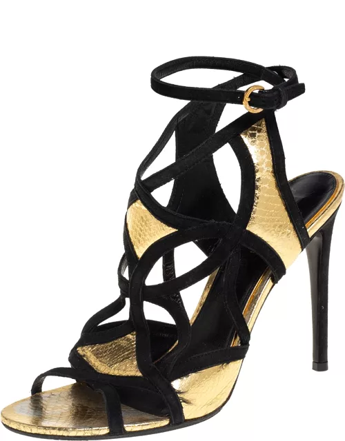 Louis Vuitton Gold and Black Python Embossed Leather And Suede Trim Cut Out Ankle Strap Sandal