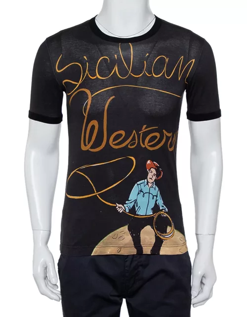 Dolce & Gabbana Black Sicilian Western Printed Cotton Crewneck T-Shirt