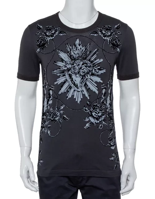 Dolce & Gabbana Grey Sacred Heart Flock Print Cotton T-Shirt