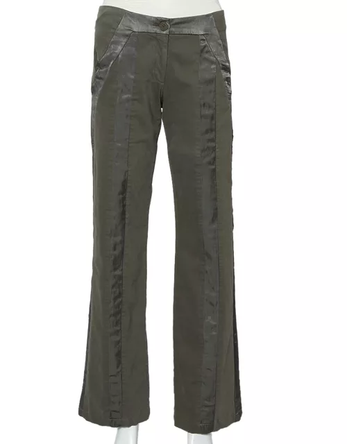 Emporio Armani Military Green Cotton Satin Trim Detail Trousers