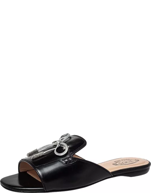 Tod's Black Leather Bow Slide Sandal