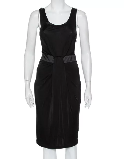 Emporio Armani Black Knit Contrast Trim Draped Detail Sleeveless Midi Dress