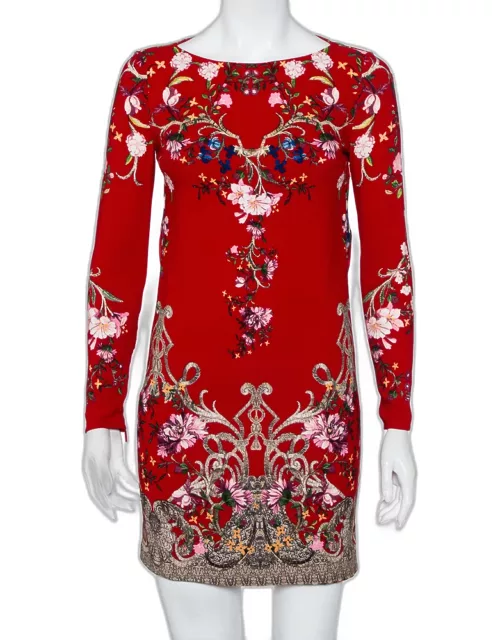 Roberto Cavalli Red Floral Printed Silk Open Back Detail Sheath Dress