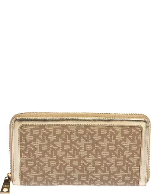 DKNY Beige Signature Coated Canvas and Leather Zip Around Wallet