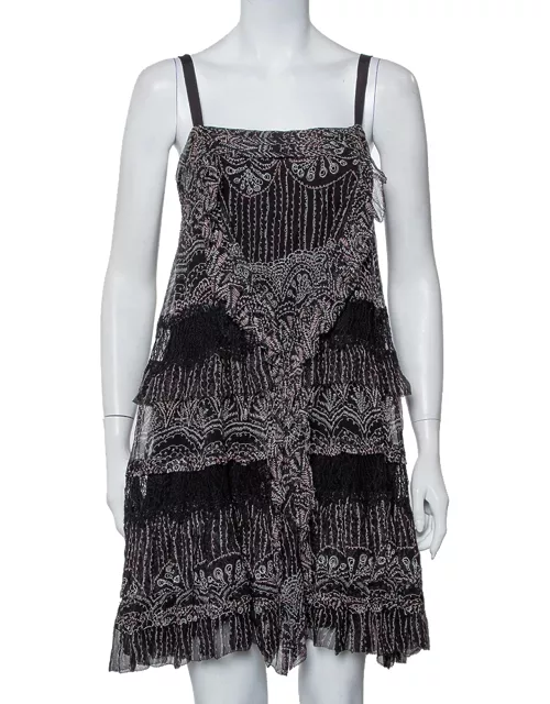 Diane Von Furstenberg Black Printed Silk Lace Trim Detail Tiered Taleen Mini Dress
