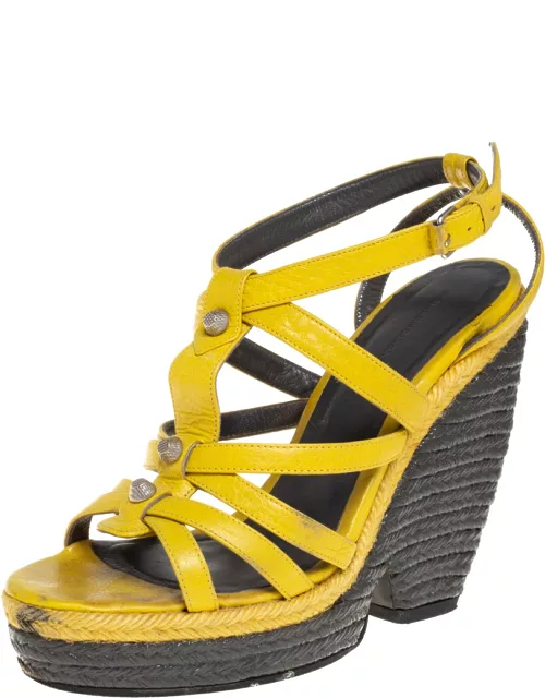 Balenciaga Yellow Leather Wedge Ankle Strap Sandal