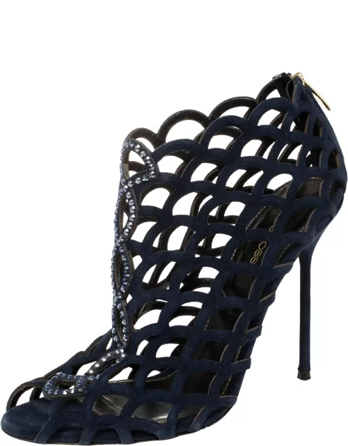 Sergio Rossi Blue Suede Crystal Embellished Scalloped Peep Toe Caged Bootie