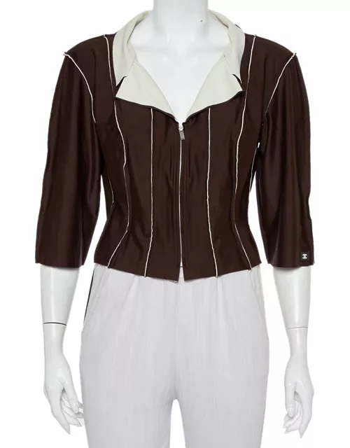 Chanel Brown Knit Paneled Zip Front Cropped Jacket