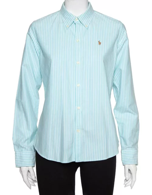 Ralph Lauren Blue Striped Cotton Button Front Slim Fit Shirt