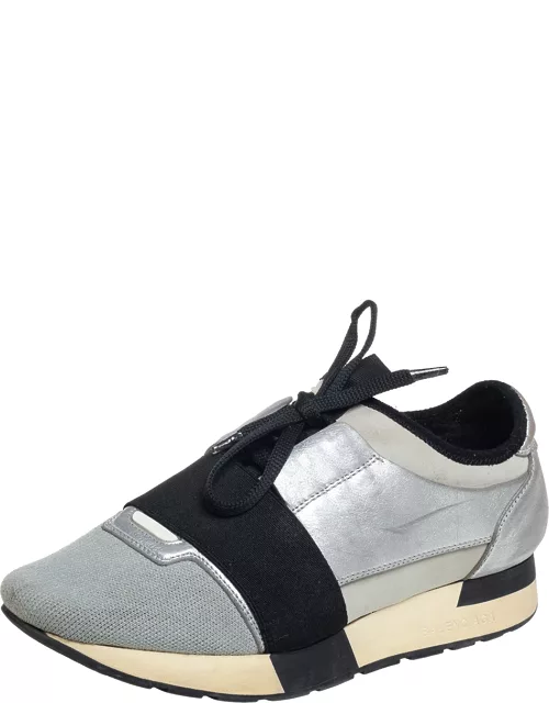 Balenciaga Grey/Silver Leather And Knit Fabric Race Runner Sneaker